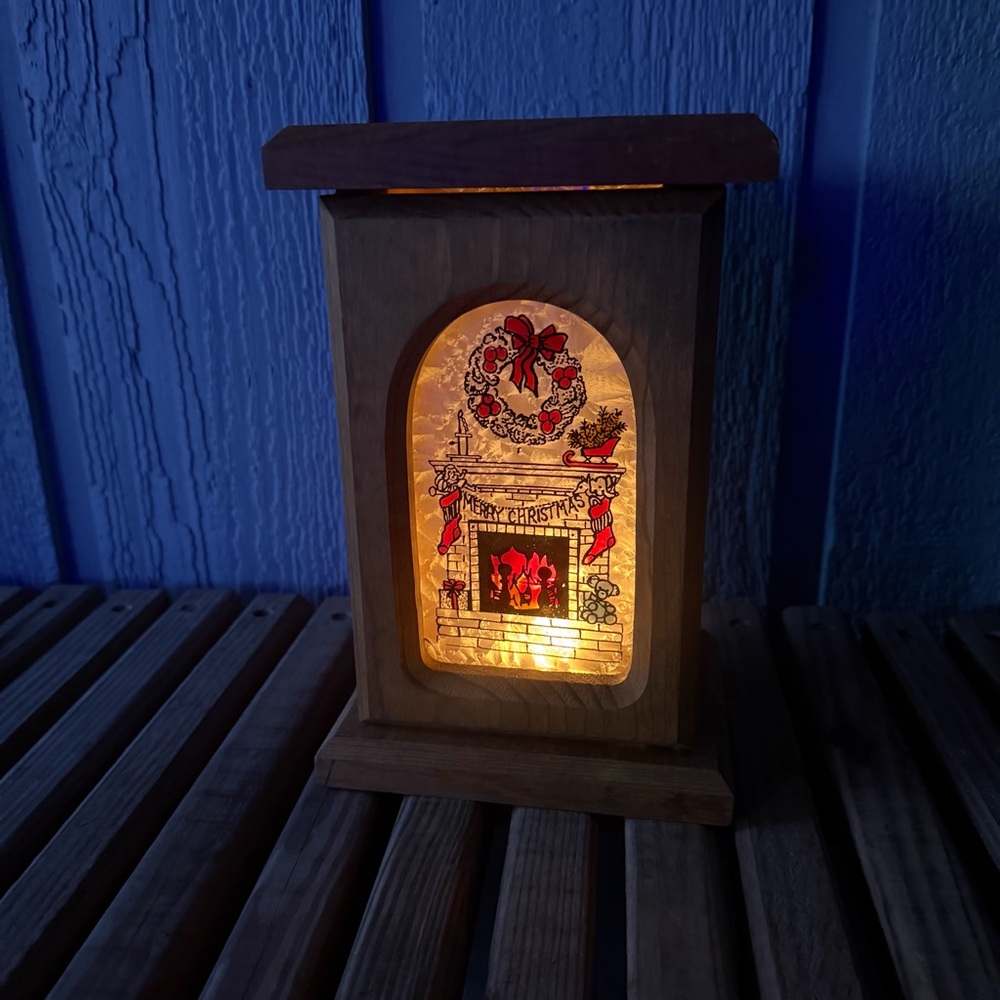 Vintage Wooden Christmas Scene Lantern Glass Fireplace Night Light Wood Kitsch